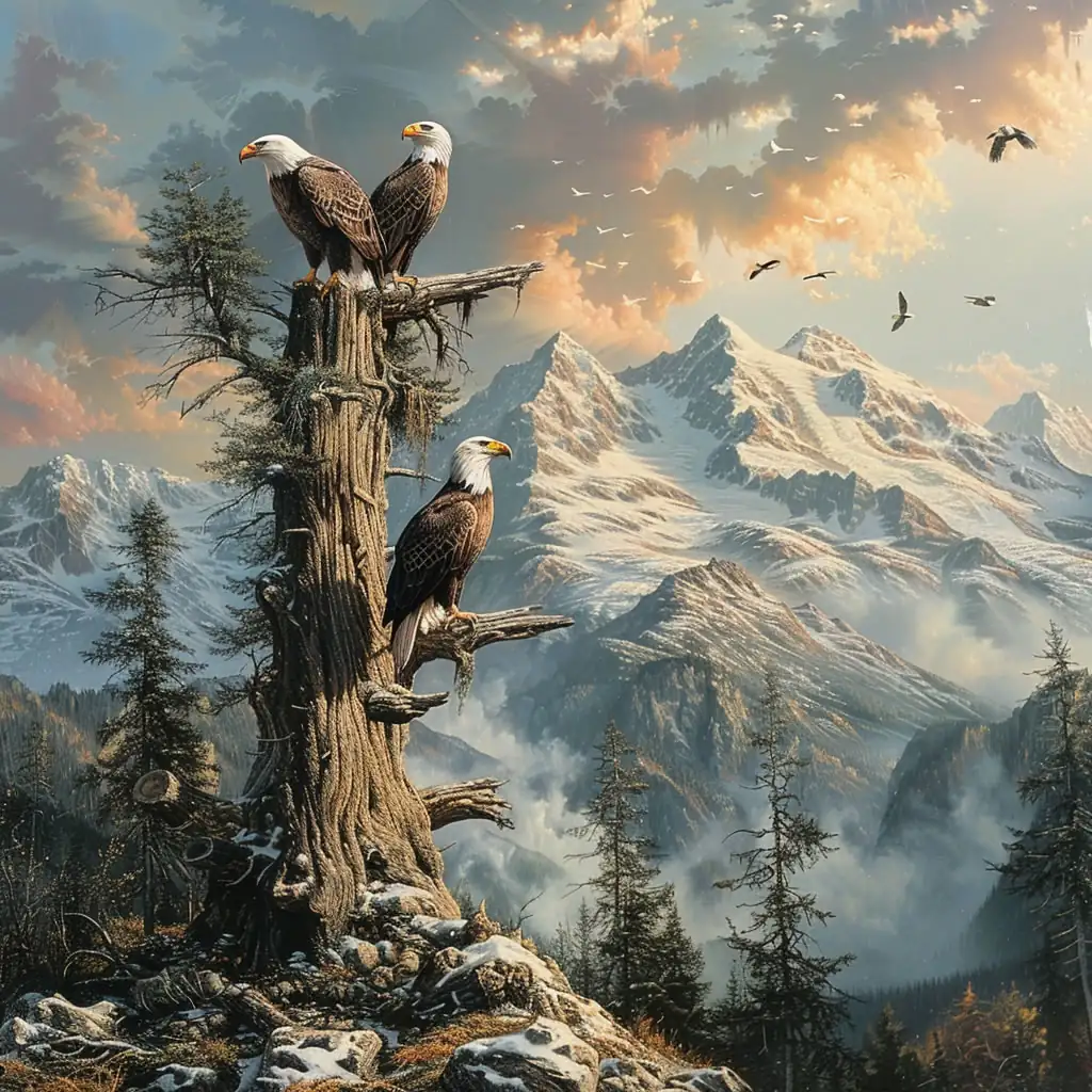 Bald Eagles in the mountains sitting on an old conifer tree, picture