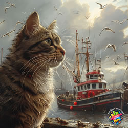 Tabby cat looking out from a fishing boat