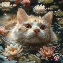 Turkish Van cat in a garden pond