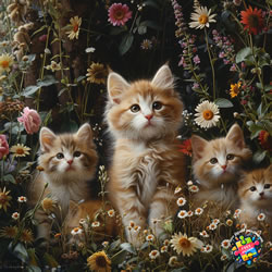 Japanese Bobtail and kittens in a garden with flowers