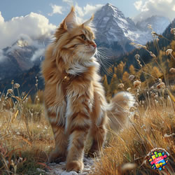 Maine Coon being taken for a walk in the mountains